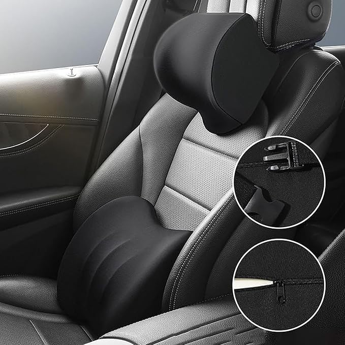 Car Headrest & Lumbar Support Cushion for Dodge Ram 1500 2019-2025, Ergonomic Car Seat Headrest Memory Foam Neck and Back Pillow Kit Breathable Removable for Driving Fatigue Relief,Dpink