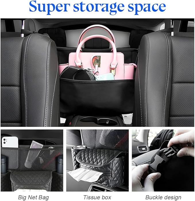 zipelo Car Handbag Holder Between Seats, PU Leather Multi-Pocket Large Capacity Purse Holder, Auto Net Bag Barrier of Backseat Pet Kids, Car Seat Organizers and Storage for Cargo Tissue Cup (Brown)