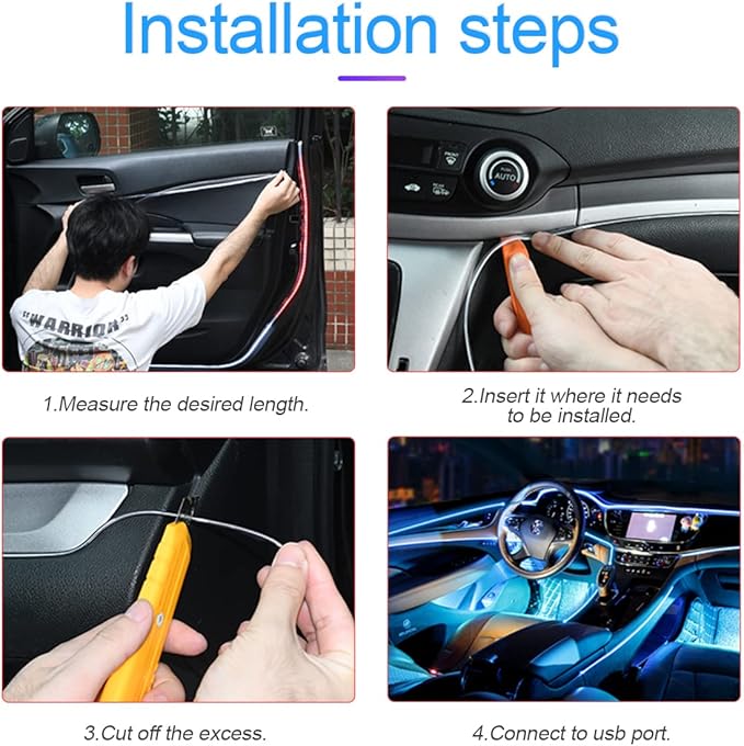 EL Wire Interior Car LED Strip Lights, USB Auto Neon Light Strip with Sewing Edge, 16FT Electroluminescent Car Ambient Lighting Kits with Fuse Protection, Car Accessories (Ice Blue/16FT)