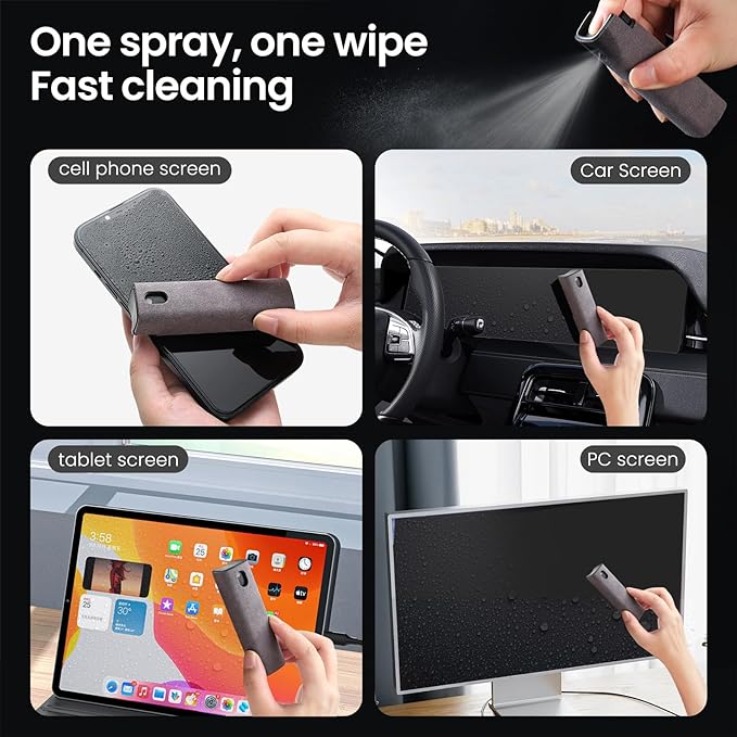 Screen Cleaner, Touch Screen Mist Cleaner, Cell Phone, Laptop and Tablet Screen, 3-in-1 Spray and Microfiber Cloth, Refillable with Water, Alcohol, Sanitizer (Pink -0.35oz)