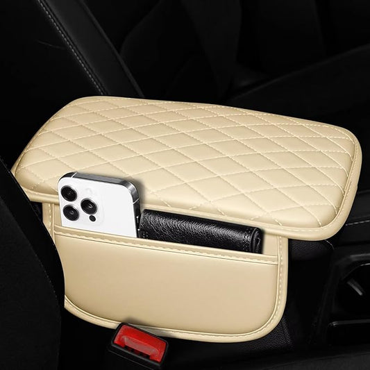 Upgraded Car Center Console Cover Fit for Corolla Faux Leather Car Armrest Cover Cushion with 2 Storage Bags,Car Armrest Storage Box Interior Accessories(Beige&Whiteline)
