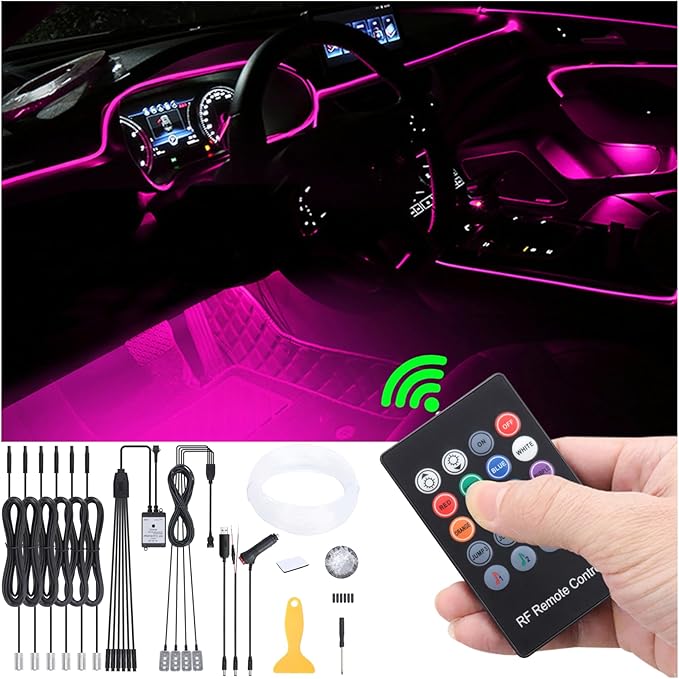 Car Interior Strip Lights, 6 in 1 Multicolor RGB Car Footwell Ambient Lighting Kit, 8m Fiber Optic EL Neon Tube Light, DIY Mode Music Sync RF Remote Control DC 12V