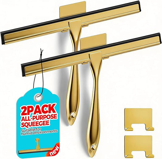 ALFLOD 2PACK 12-Inch Golden All-Purpose Shower Squeegee for Shower Doors, Bath Linen Sets, Tile Shower Walls, Bathroom, Window, Glass and Car Windshield, Mirrors and Kitchen-Stainless Steel