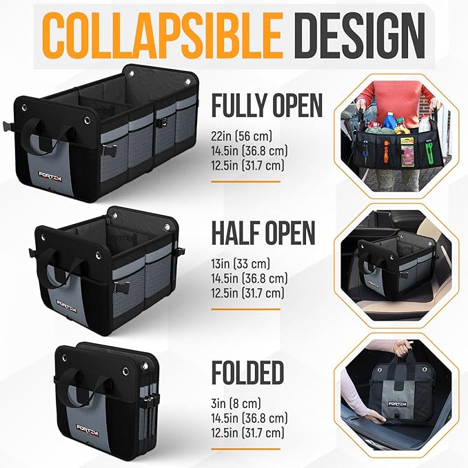 FORTEM Trunk Organizer For SUV Car Organizer and Storage, Collapsible Multi-Compartment Storage Bag Car Accessories for Women Men, 1680D Oxford, Non Slip Bottom, Adjustable Straps, Soft Cover (65L)