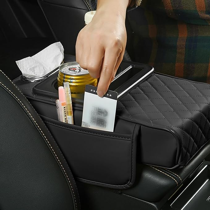 Car Armrest Cushion, 5-in-1 Center Console Cover with 2 Storage Bags Cup Holder, Cup Holder Tissue Slot Phone Slot for Car, Universal Car Armrest Box Cover Protection Pad for Most Vehicles (B)