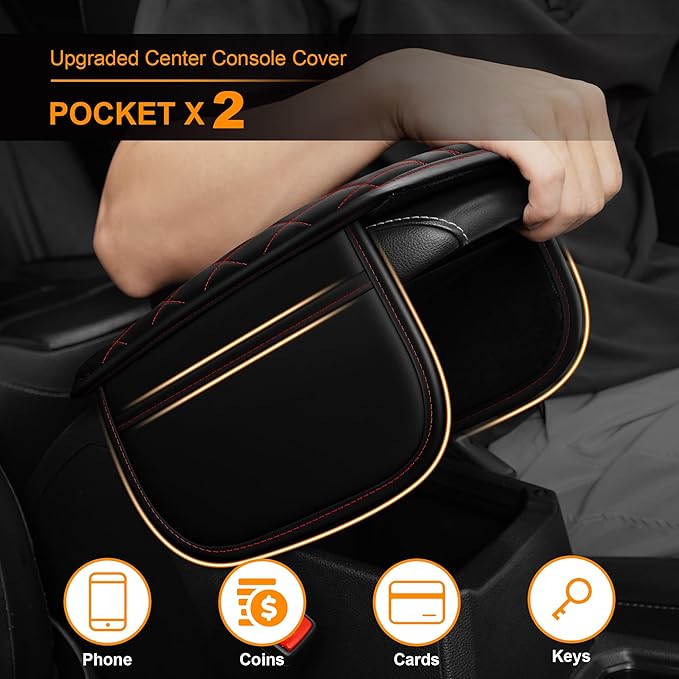 Center Console Cover for Cars Fit for Jeep Grand Cherokee L Leather Armrest Covers with 2 Storage Bags(Black&Red)