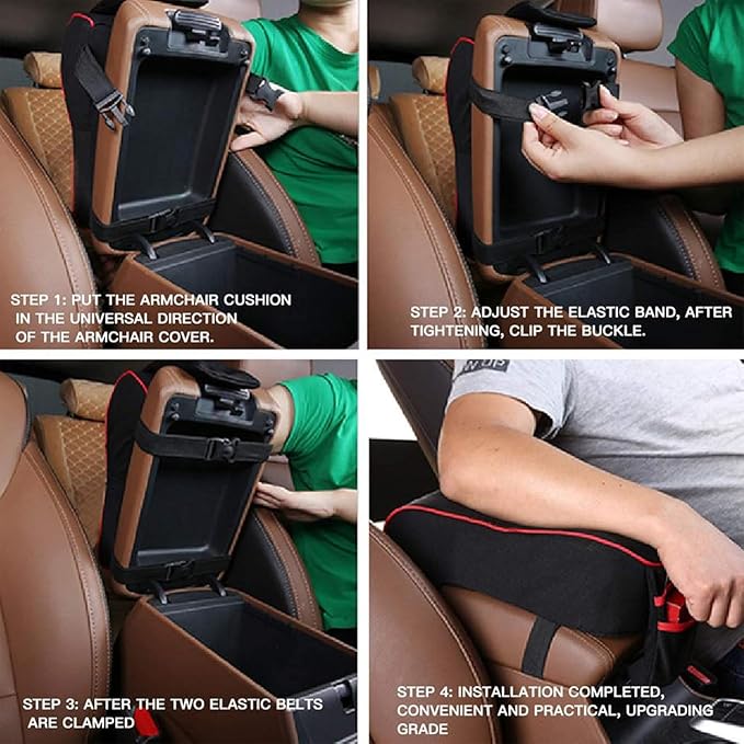 Auto Center Console Armrest Pillow, Memory Foam Car Armrest Cushion with Phone Holder Storage Bag Universal Fit for Most Car (Black & Red)