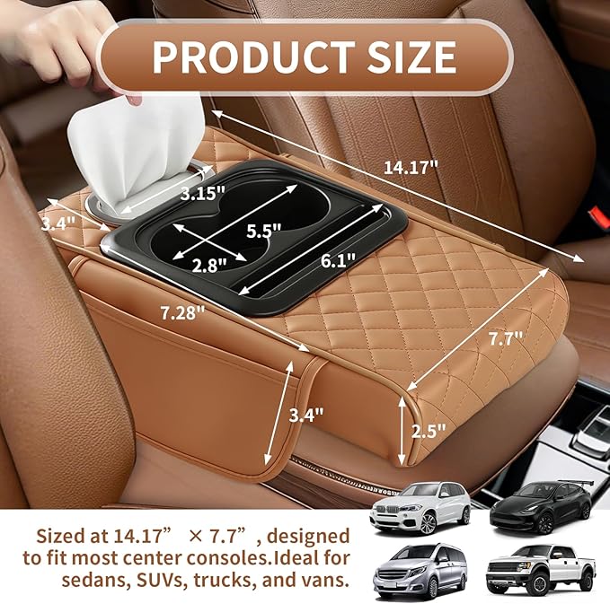 5-in-1 Car Armrest Cushion, Multifunctional PVC Leather Center Console Armrest Pillow Elbow, Universal Arm Box Pad Cover with Cup Holder, Phone Slot, Tissue Box Slot & 2 Storage Bags, Grey