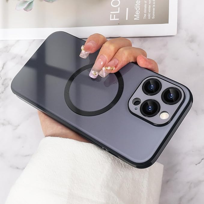 Guppy Compatible with iPhone 15 Pro Max Case Magnetic, with Full Camera Lens Protector [Compatible with MagSafe] Scratch Resistant Gradient Glass Back Cover Phone Case-Black