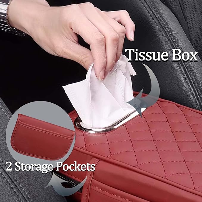 Car Center Console Armrest Pad for Lincoln, Leather Cover with Storage Pocket & Tissue Box Holder, Memory Foam Cushion for Aviator Standard SUV 2020-2025,Red