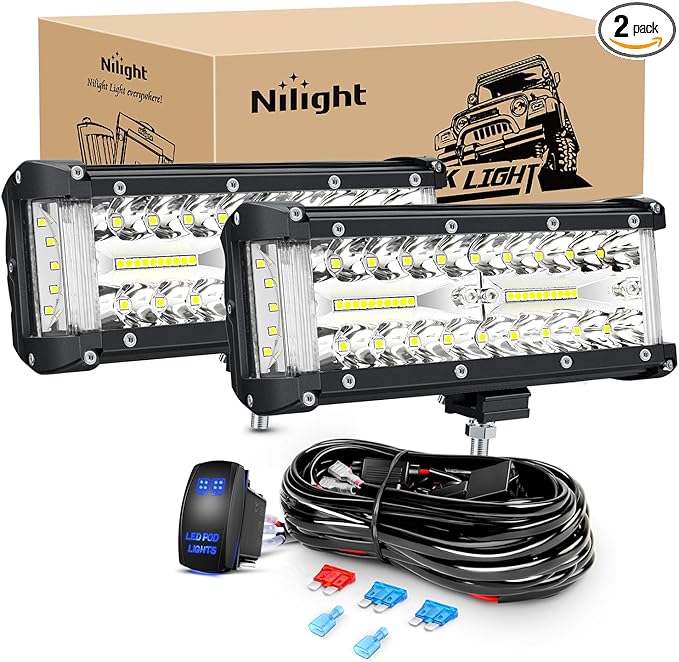 Nilight Side Shooter LED Light Bar 2PCS 7 Inch Triple Row Spot Flood Combo Lights Work Lighting with 5Pin Rocker Switch Wiring Harness Kit for Off Road Light on Truck SUV ATV UTV
