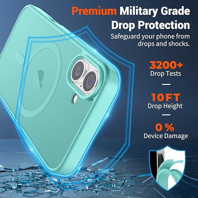 SUPFINE Magnetic for iPhone 16 Plus Case with Screen Protector (Compatible with MagSafe) (Military Grade Drop Protection) Translucent Matte Shockproof with Anti-Fingerprint Phone Case, Blue Green