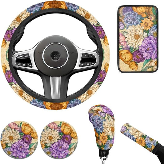 Yellow Chrysanthemum Print Car Steering Wheel Cover Sets Cup Holder Handbrake Gear Cover Armrest Cover Car Interior Accessories -6pcs