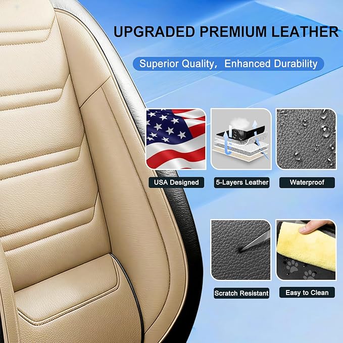 Fit Sonic Car Seat Covers for Select Chevrolet/Chevy Sonic 2012-2020, Premium Full Coverage Leather, Airbag Compatible, Waterproof All Weather Seat Cushion Protector, Full Set, Black+Beige