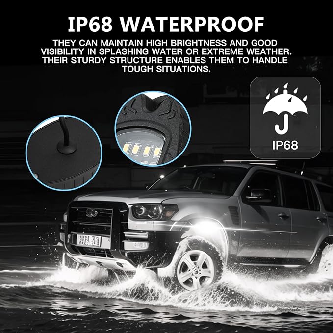 12 Pods Pure White LED Rock Lights, IP68 Waterproof Aluminum 6500K Bright White Underglow Light with Extension Cord Harness,12V Metal Fender Lights for Jeeps Trucks Off Road UTV ATV Car Golf RV Etc