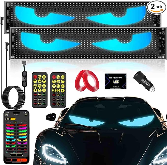 2PC 5800 Lux High-Brightness Devil Eyes LED Light Strips for Cars/Trucks/SUVs - 23.6"x4.73" Customizable Windshield Decoration with App Control, IP68 Waterproof, USB-Powered