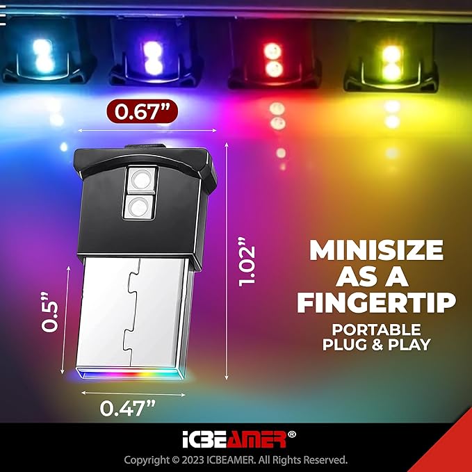 ICBEAMER Smart USB 1-Pack (Red) | Auto LED Interface Plug-in Miniature Night Light for Car, Van, Pickup, Truck, Interior, Trunk, Ideal for Mood Lighting