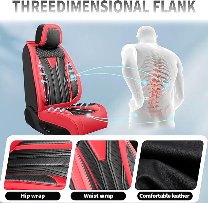 Fit Kona Car Seat Covers for Select Hyundai Kona 2018-2025 2026. Premium Leather, Waterproof， Breathable, Scratch-Resistant & All-Weather Seat Cushion Protector (Front Pair, Red&Black)