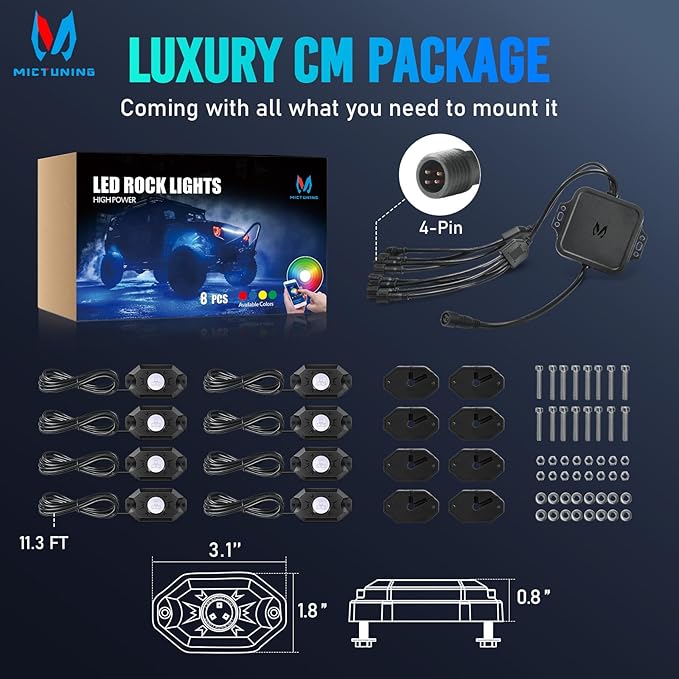MICTUNING 2nd-Gen CM RGB Rock Lights - 8 Pods Waterproof Multicolor Neon Underglow Kit with Bluetooth App Control & Music Mode for Trucks Pickup UTV SUV ATV（2 Year Warranty）