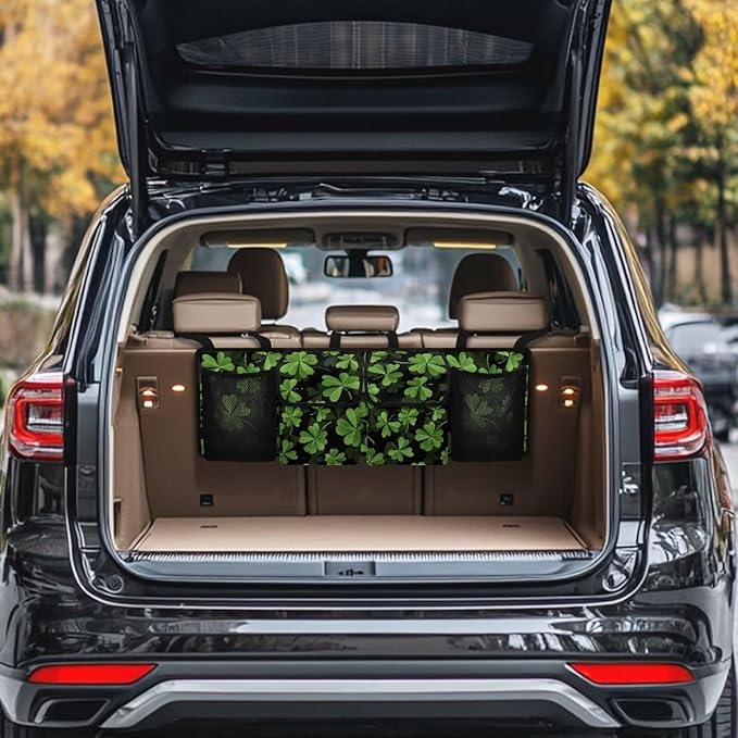 Green Leaves Car Backseat Trunk Organizer St. Patrick Day Large Capacity Hanging Car Storage Bag for SUV,Truck,Van Collapsible Cargo Bag