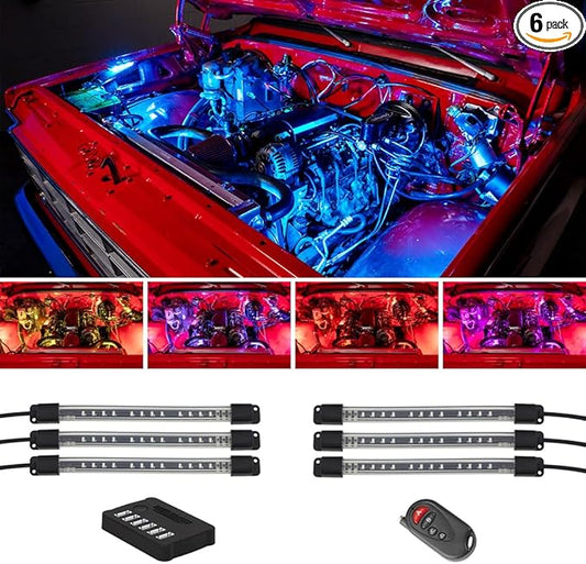 LEDGlow 6pc Million Color LED Engine Bay Under Hood Lighting Kit - Multi-Color Underhood Lights for Car & Truck - 15 Solid Colors - 9 Modes - 6" Flexible Tubes - Includes Control Box & Wireless Remote