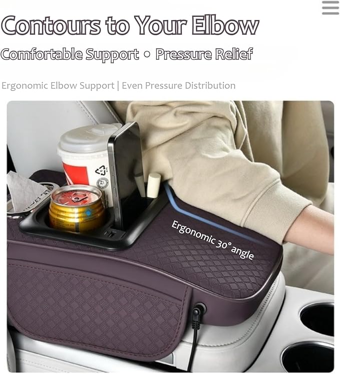 2026 Upgraded Car Center Console Cushion with 30w USB& Type-C Charging Ports, Leather Car Armrest Pad Cover, Interior Accessories for Most Vehicles (Ergonomic Sloped Version, Orange)