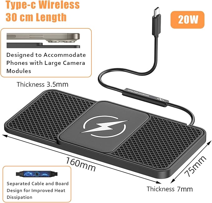 Wireless Car Phone Charger for Mercedes-Benz C-Class (W206) 2021–2025, Type C/USB 20W Fast Charging Pad, Non-Slip Charging Station for Travel Home Office Desk, Lightweight,Type-C