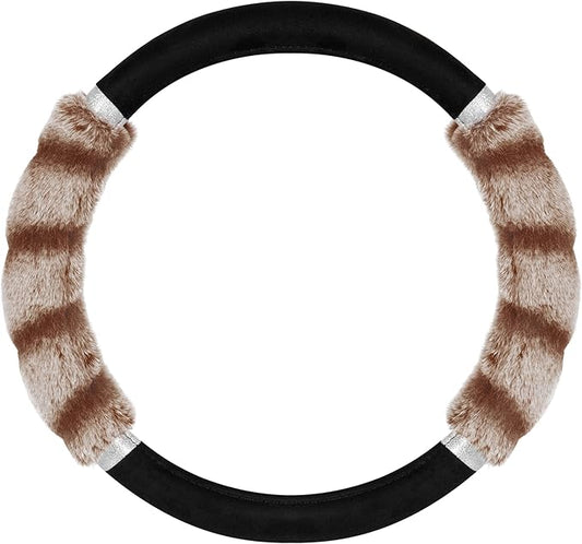 BDK Bear Fur Steering Wheel Cover, Plush Faux Fur Fuzzy Steering Cover for Car Truck Van SUV, Standard Size Fits Wheels 14.5-15 in Diameter, Two Tone Black/Brown with Glitter