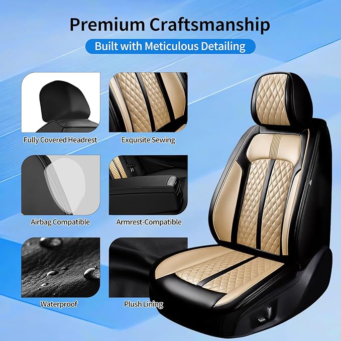 Fit Sonic Car Seat Covers for Select Chevrolet/Chevy Sonic 2012-2020, Premium Full Coverage Leather, Airbag Compatible, Waterproof All Weather Seat Cushion Protector, Full Set, Black+Beige