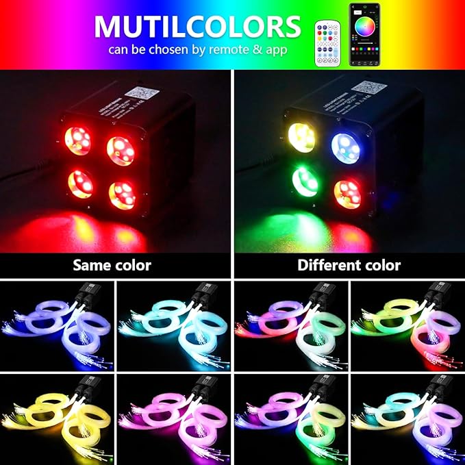 AMKI Updated 4Color Twinkle 36w Starlight Headliner Kits 1300pcs 0.03in 9.8ft Fiber Optic Light Cable 4 Ports Starlight Box App/Remote Control Sound Mode for Car Home Ceiling Decoration