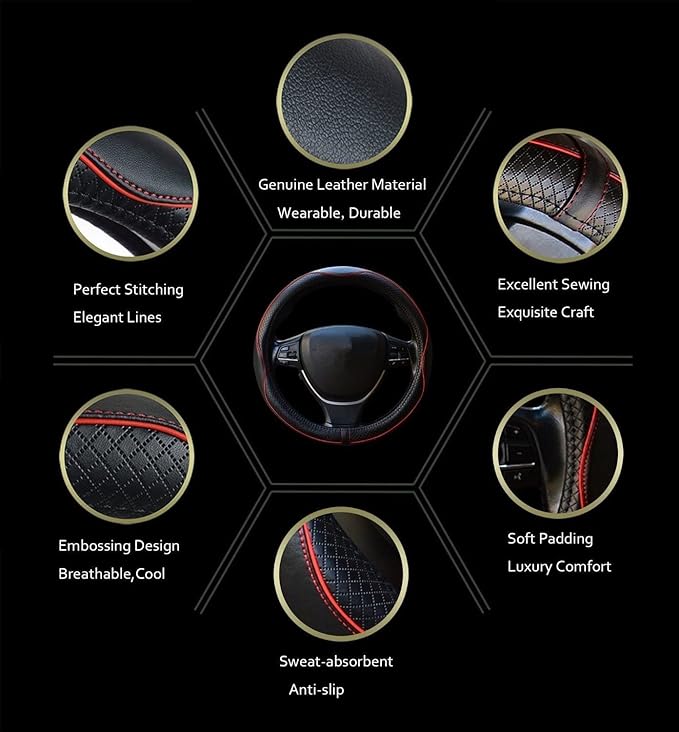 ESEWALAS Universal Car Steering Wheel Cover,Anti-Slip Leather Steering Wheel Cover,Sports Style Steering Wheel Protector,Car Interior Accessories Auto Steering Wheel Covers (Black with Red)