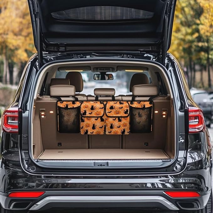 Car Trunk Organizer, Hanging Capacity Storage Bag Halloween Cats and Pumpkin Prints Car Back Seat Storage Bag Auto Interior Accessories for SUVs MPV Sedans Trucks Jeeps