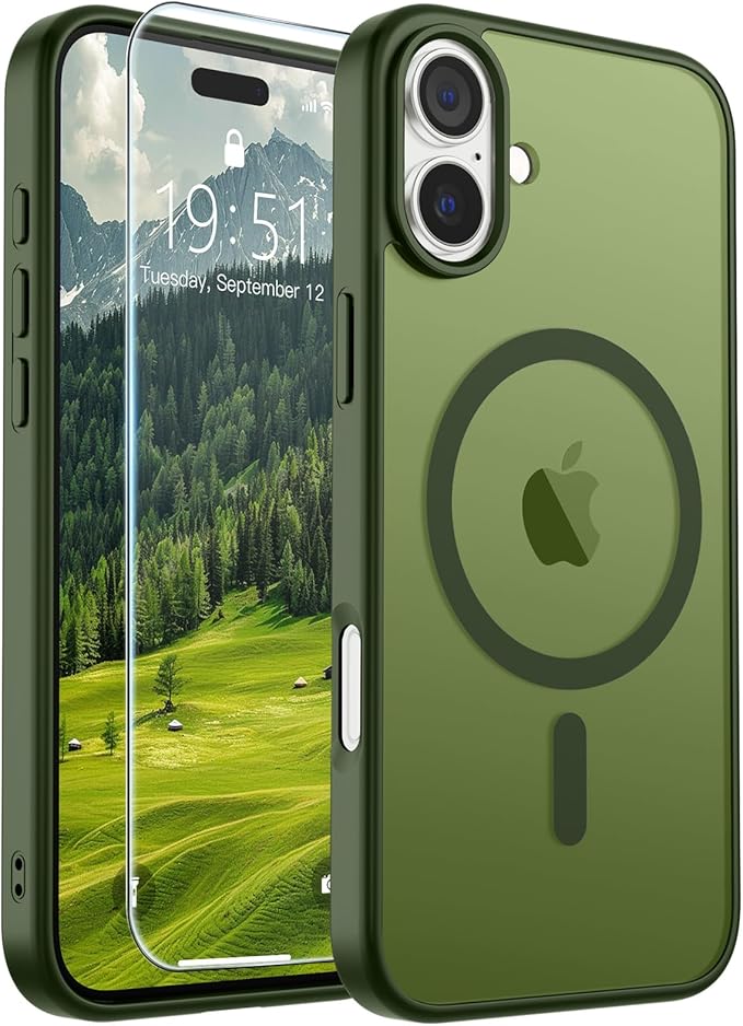 SUPFINE Magnetic for iPhone 16 Case (Compatible with MagSafe) (Military Grade Drop Protection) Slim Translucent Matte Shockproof with Anti-Fingerprint Phone Case,Cangling Green