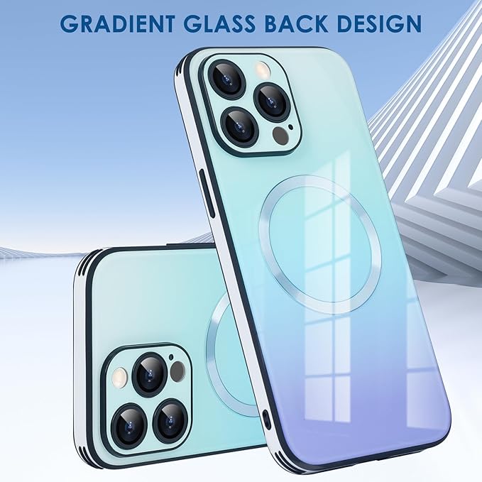 Guppy Compatible with iPhone 15 Pro Case Magnetic, with Full Camera Lens Protector [Compatible with MagSafe] Scratch Resistant Gradient Glass Back Cover Phone Case-Blue