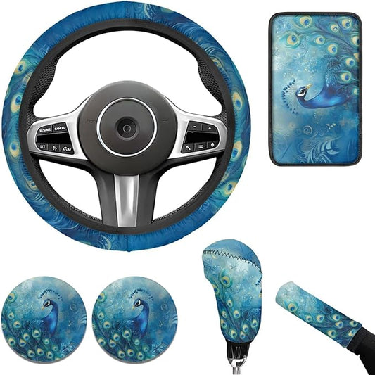 Blue Peacock Print Car Steering Wheel Cover Set for Men Women Beautiful Car Interior Decor Cup Coaster Handbrake Cover Universal Fit Auto,Suvs,Truck