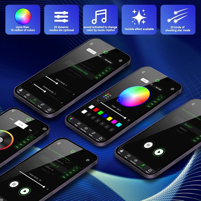 AMKI Updated 4Color Meteor Twinkle 36w Starlight Headliner Kits 1200pcs 0.03in 13.1ft, 240pcs RGB Meteor Shooting Star Cable, 2 in 1 Fiber Optic Light Box RGBW Sound Activated Mode for Car& Home Decor