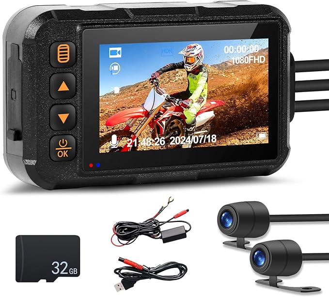 CAMECHO Motorcycle Dash Cam Front and Rear, IP67 Waterpoorf Dual Dash Camera with 32GB Card, 3" HD Car Camera with G-Sensor, Night Vision, Loop Recording, Dashcam for Motorbike, Motorsports