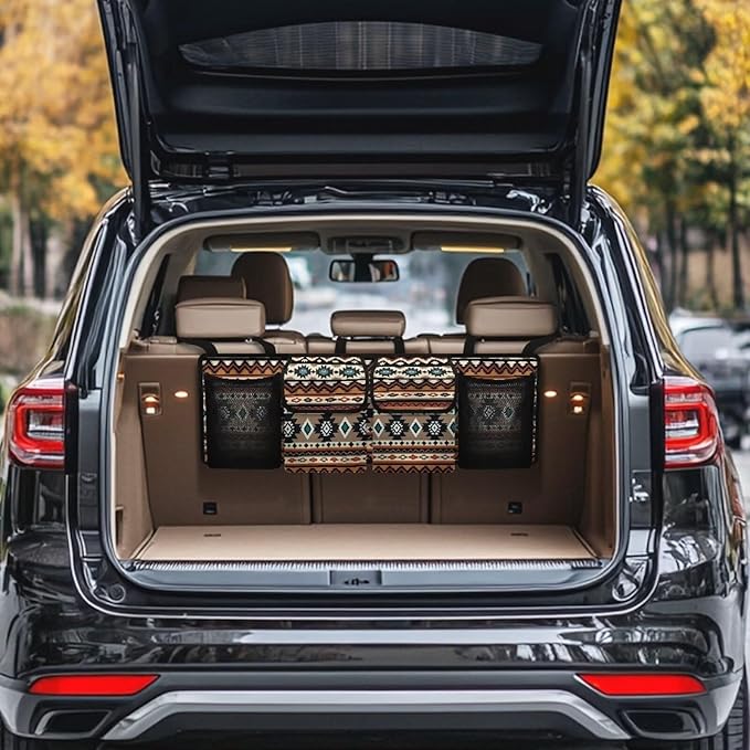 Aztec Car Trunk Organizer, Backseat Hanging Large Storage with Adjustable Straps & 4 Pockets, Waterproof Collapsible Cargo Bag Universal Car Interior Accessories