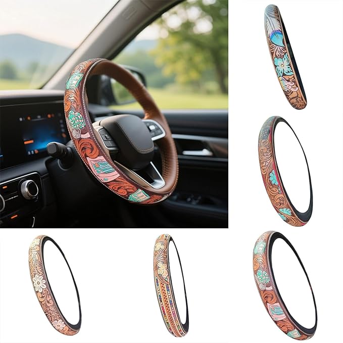 Steering Wheel Cover Western Car Tooled Leather Retro Cowboy Car & Truck Accessory, Universal 15 Inch Non Slip Wheel Cover for SUV, Pickup, Comfortable Grip, Easy to Install (Orange)