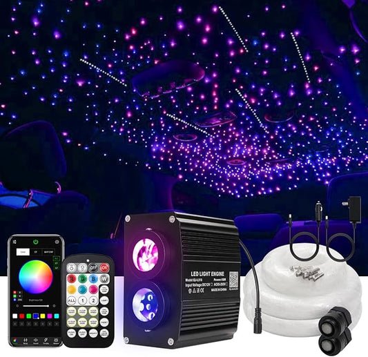 AKEPO 18W Twinkle+Meteor 2-in-1 Fiber Optic Lights, Dual Color Ports with 1300pcs+240pcs Meteor Fibers in 0.03in 13.1ft APP Optical Star Ceiling Kit for Car Headliner Star Light Kits or Home Decor