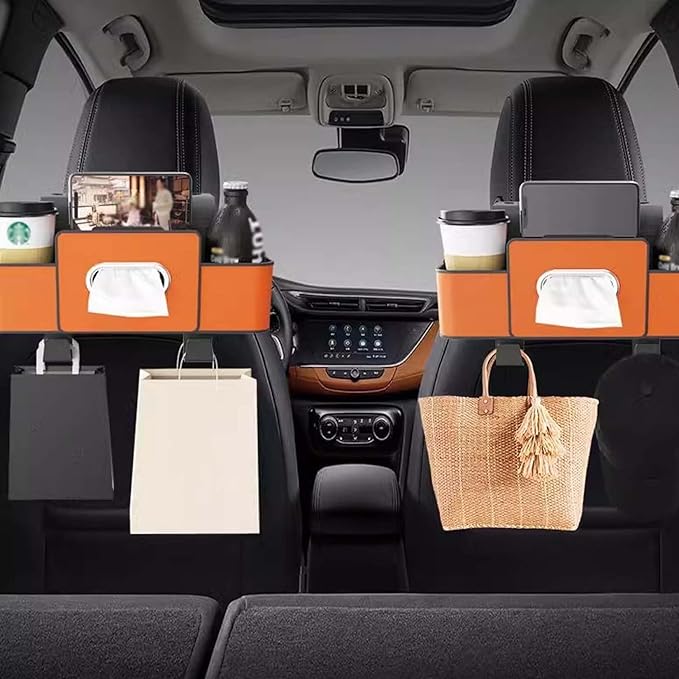 3-in-1 Car Backseat Organizer, 2026 Upgraded Multifunctional Car Seat Back Storage Box, Backseat Car Organizer with 2 Cup Holders, Tissue Box & Hooks, Universal Car Essentials (Orange)