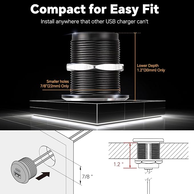 12V USB Outlet All-Aluminum QC 3.0 USB-A & USB-C PD3.0 Dual Fast Car Charger Socket, Recessed Mount Car USB Port for Car Truck Boat RV Camper Van Trailer (Small Version*2)