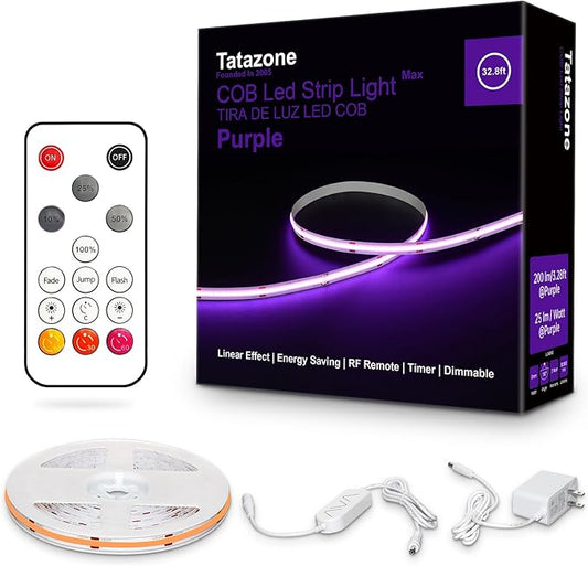 Tatazone 32.8ft Purple COB Led Strip Lights with Remote, Dimmable Bright Dotless Adhesive Indoor Led COB Light Strip for Cabinet, Painting, Room, Bed