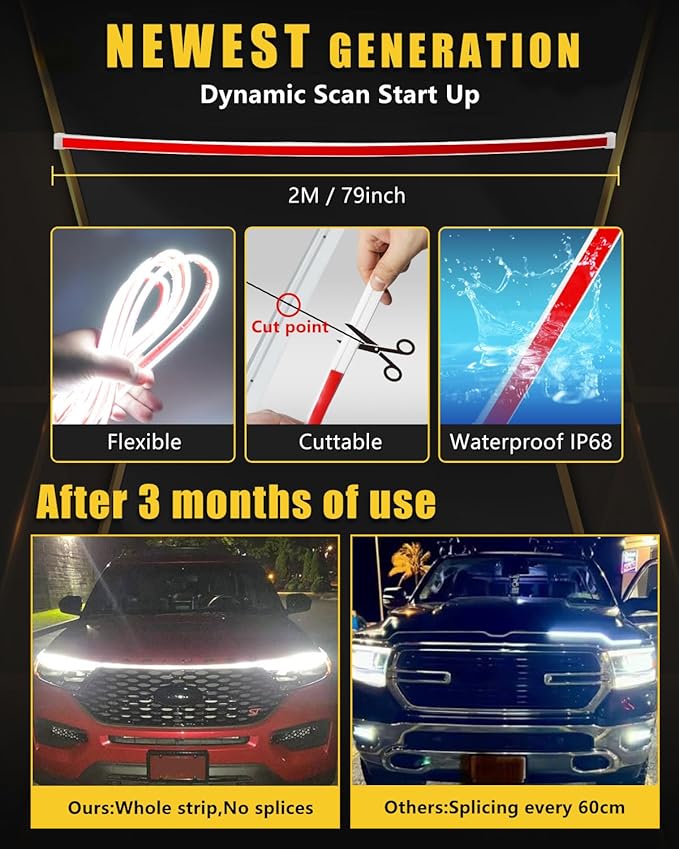 Dynamic Scan Start Up Hood Light Strip Sequential Flowing Turn Signal Lights Flexible DRL Daytime Running Car Led Light Strip Exterior, Dual Color Amber White Switchback 12V 79inch (1 Set)