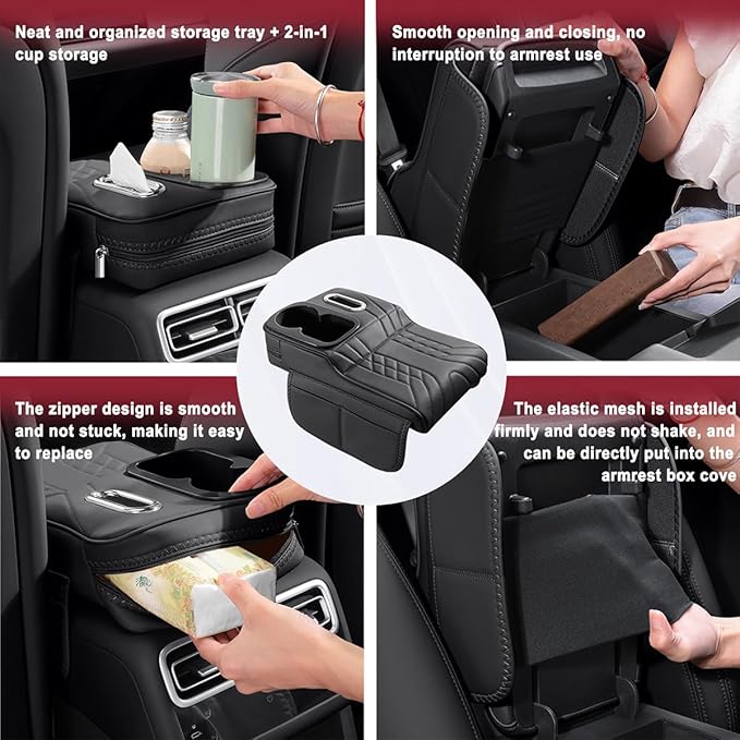 Car Armrest Storage Box for Infiniti QX60 2013–2025 2020 2021 2022 2023 2024, Sport-Style Center Console Organizer with Side Pocket, PU Leather Armrest Cushion, Elbow Support Pad,A Black