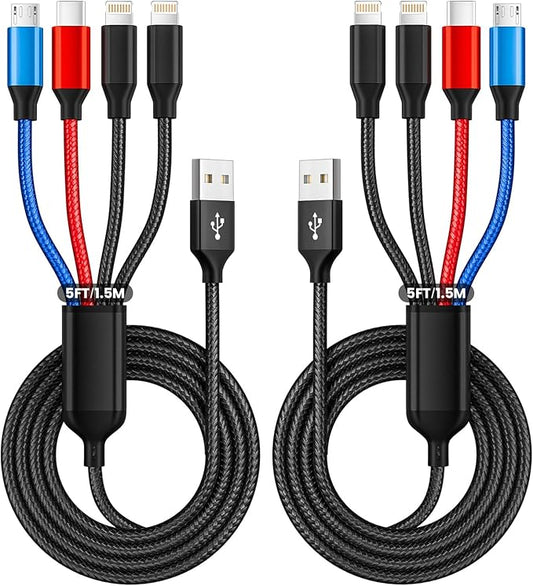 IDISON Travel 4 in 1 Multi Charging Cable with Dual IP/Type C/Micro USB, 2Packs 5FT Car Accessories iPhone Charger Cord for Multiple Devices, Universal USB Cable for iPhone17-8/iPads/Tablets and More