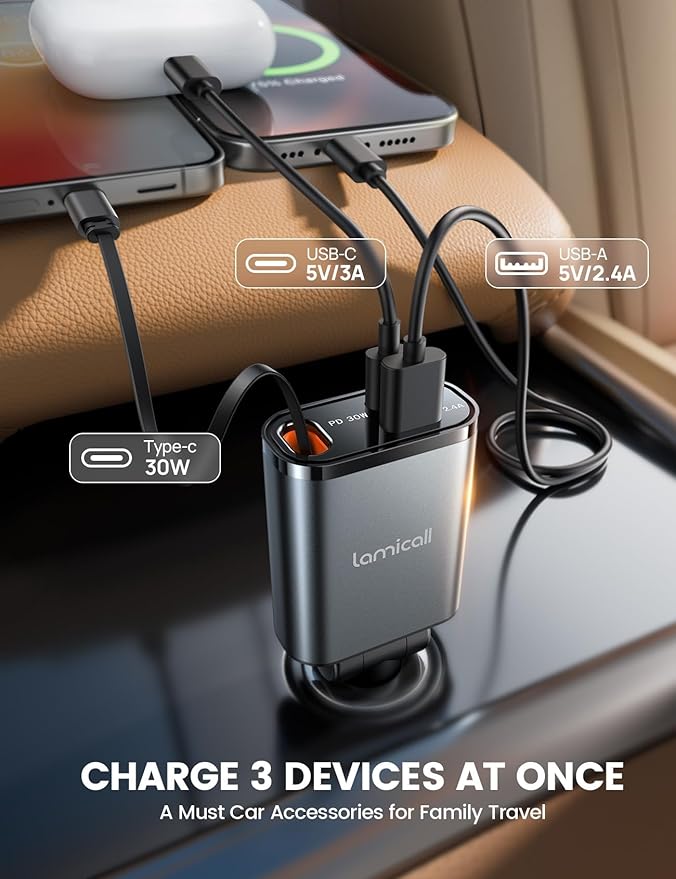 Lamicall Car Charger USB C Compatible with iPhone 17 16 15 Fast Charging [Ultra-Compact, 60% Less Space] 57w Type C Retractable Car Charger Fit Samsung Galaxy S25 S24 Ultra Pixel Android