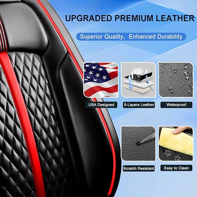 Fit Mazda 3 Car Seat Covers for Select Mazda 3 2010-2019 - Full Coverage Leather, Airbag Compatible, Waterproof & All Weather Seat Cushion Protector, Full Set, Black with Red Trim