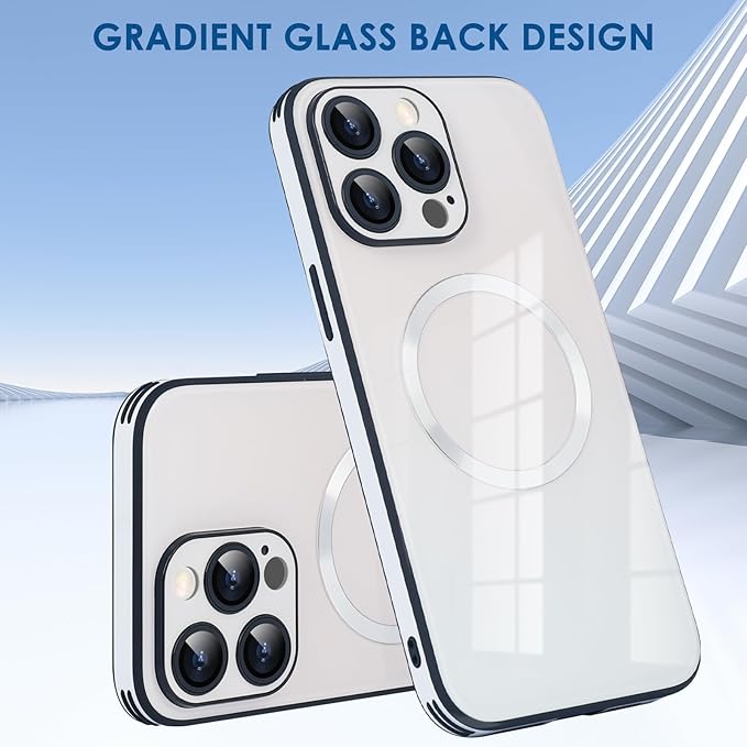 Guppy Compatible with iPhone 13 Pro with MagSafe Case, Magnetic Gradient Case with MagSafe Charging, Gradient Glass Back Cover with Lens Film-White