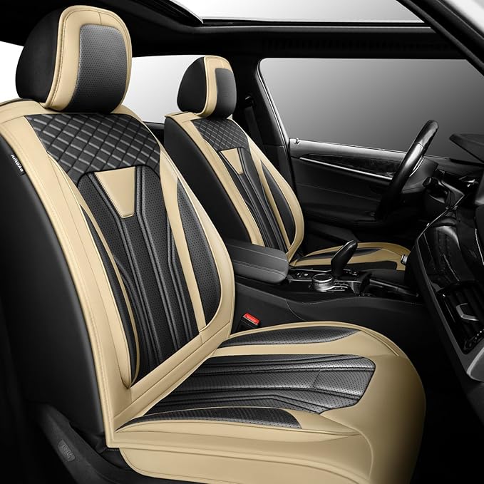 Fit Frontier Car Seat Covers Compatible with Nissan Frontier 2010-2025 2026 - Premium Leather，Waterproof Breathable，All-Weather Seat Cushion Protecto&Airbag Compatible(2 Front Seat Beige&Black)